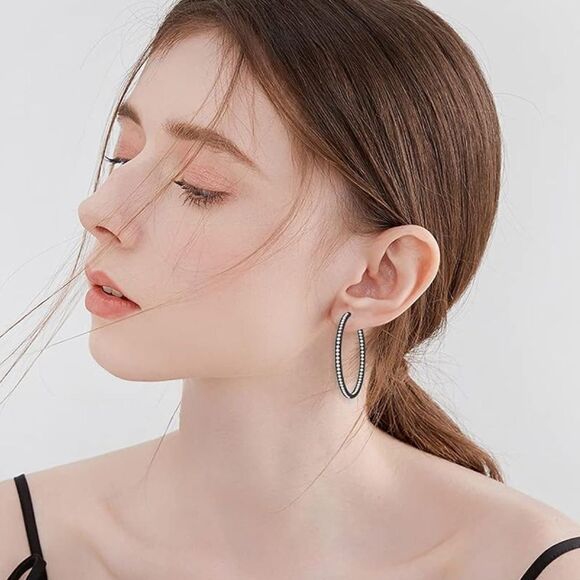 14K Black Gold with White Diamond Cubic Zirconia Big Hoop Latch Back Earrings - Picture 5 of 6